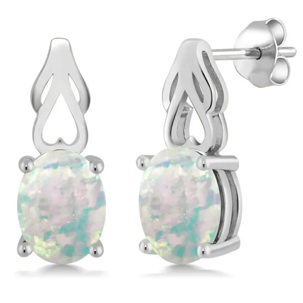 925 Sterling Silver with 1.20 Cttw White Opal Oval Post Back Drop Earrings